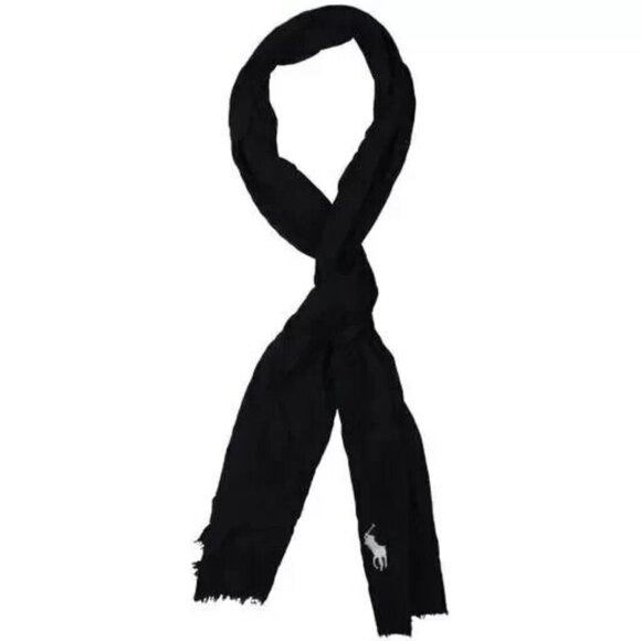 Polo Ralph Lauren Fringe Cotton Rectangle Scarf Black - Picture 2 of 2